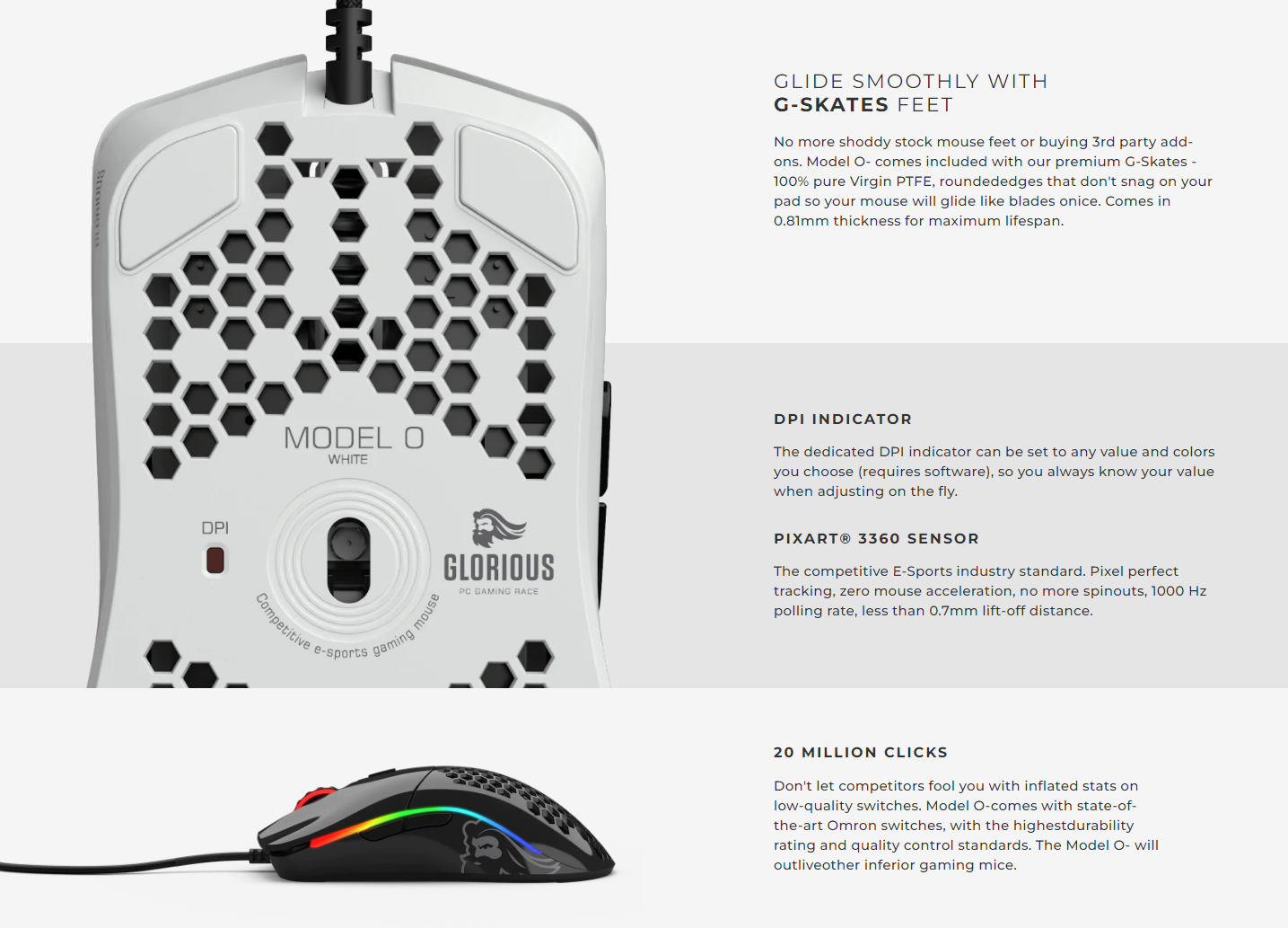 A large marketing image providing additional information about the product Glorious Model O Minus Wired Gaming Mouse - Glossy White - Additional alt info not provided